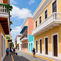 Caribbean Holidays, Puerto Rico April, Visitors walking along the blue cobbled streets of Old San Juan beside pastel colonial buildings and colourful balconies