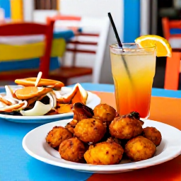 Caribbean Holidays, Puerto Rico August, A colourful Puerto Rican table with mofongo, fresh seafood and tropical drinks in a friendly San Juan restaurant
