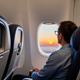 Caribbean Holidays, Puerto Rico August, Business class aircraft cabin with comfortable seats and a traveller looking out towards a bright Caribbean sunset