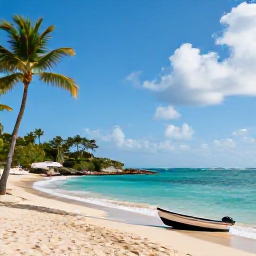 Caribbean Holidays, Puerto Rico August, Calm turquoise Caribbean sea, palm-fringed Puerto Rican beach and small boat near the shore in August