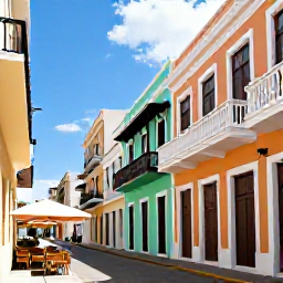 Caribbean Holidays, Puerto Rico August, Colourful Old San Juan street in Puerto Rico with colonial buildings, balconies and local caf&eacute;s