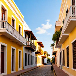 Caribbean Holidays, Puerto Rico August, Colourful Old San Juan street with bright colonial buildings, balconies, cobbled pavement and warm August sunshine