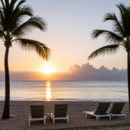 Caribbean Holidays, Puerto Rico August, Golden Puerto Rico beach at sunrise with calm water, sun loungers and tropical palms