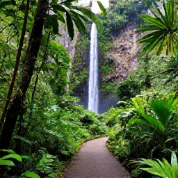 Caribbean Holidays, Puerto Rico August, Lush El Yunque rainforest with a waterfall, tropical foliage and a walking trail under soft daylight