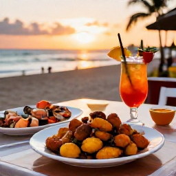 Caribbean Holidays, Puerto Rico August, Outdoor Puerto Rican restaurant table with mofongo, fresh seafood and tropical drinks at sunset