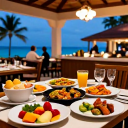 Caribbean Holidays, Puerto Rico August, Puerto Rico all-inclusive resort dining area with Caribbean dishes, fresh fruit and welcoming evening atmosphere