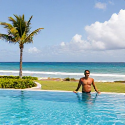 Caribbean Holidays, Puerto Rico August, Relaxed business class traveller beside a resort pool overlooking the Caribbean coastline of Puerto Rico