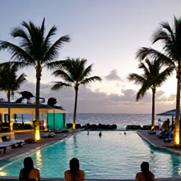 Caribbean Holidays, Puerto Rico August, Relaxed Puerto Rico resort evening with palm trees, softly lit pool and guests enjoying a Caribbean sunset