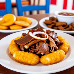 Caribbean Holidays, Puerto Rico August, Traditional Puerto Rican dishes including mofongo, lech&oacute;n and tostones served at a lively local restaurant in August