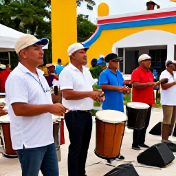Caribbean Holidays, Puerto Rico August, Traditional Puerto Rican musicians performing live bomba and plena music at a colourful outdoor cultural gathering