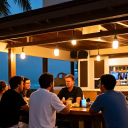 Caribbean Holidays, Puerto Rico August, Travellers enjoying a warm August evening at a lively outdoor bar in San Juan, Puerto Rico