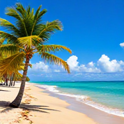 Caribbean Holidays, Puerto Rico August, Turquoise Caribbean sea, golden sand and green palm trees on a Puerto Rico beach in August sunshine