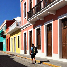 Caribbean Holidays, Puerto Rico Backpacking, A backpacker with a small rucksack walking through colourful Old San Juan, Puerto Rico, in bright January sunshine