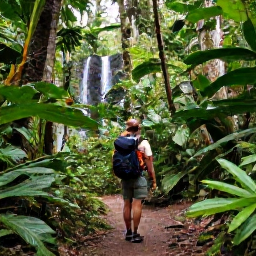 Caribbean Holidays, Puerto Rico Backpacking, A traveller exploring the lush El Yunque National Forest, with tropical foliage, a forest trail and a small waterfall