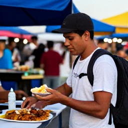 Caribbean Holidays, Puerto Rico Backpacking, Backpacker enjoying local Puerto Rican food at a lively outdoor market in the evening