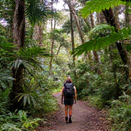 Caribbean Holidays, Puerto Rico Backpacking, Backpacker exploring a lush rainforest trail beneath tall trees in El Yunque National Forest, Puerto Rico