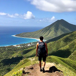 Caribbean Holidays, Puerto Rico Backpacking, Backpacker hiking through green mountains with a distant view of Puerto Rico&rsquo;s coast