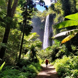 Caribbean Holidays, Puerto Rico Backpacking, Backpacker hiking through lush El Yunque rainforest in Puerto Rico, with tropical foliage, a waterfall and a sunny trail