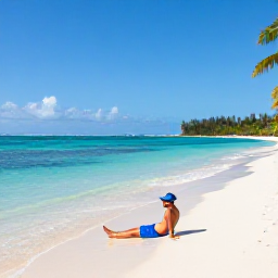 Caribbean Holidays, Puerto Rico Backpacking, Backpacker relaxing on a calm tropical beach in Culebra, Puerto Rico, with clear turquoise water and palm trees