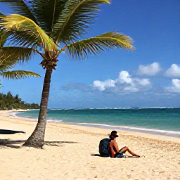 Caribbean Holidays, Puerto Rico Backpacking, Backpacker relaxing on a golden Puerto Rican beach near Rincon in June, with palm trees, turquoise water and gentle waves