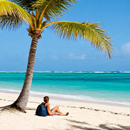 Caribbean Holidays, Puerto Rico Backpacking, Backpacker relaxing on a palm-fringed beach with turquoise water in Puerto Rico
