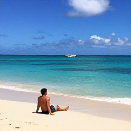 Caribbean Holidays, Puerto Rico Backpacking, Backpacker relaxing on a quiet golden beach in Culebra, turquoise water and a small boat offshore