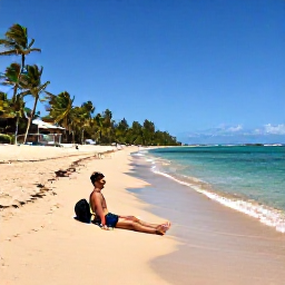 Caribbean Holidays, Puerto Rico Backpacking, Backpacker relaxing on a quiet golden beach with clear turquoise water and palm trees on Puerto Rico&rsquo;s west coast