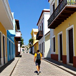 Caribbean Holidays, Puerto Rico Backpacking, Backpacker walking through colourful Old San Juan streets in bright July sunshine, with historic Spanish buildings and blue Caribbean sky