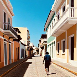 Caribbean Holidays, Puerto Rico Backpacking, Backpacker walking through colourful Old San Juan streets in warm April sunshine, with blue Caribbean sky and historic Spanish buildings