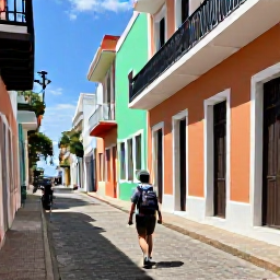 Caribbean Holidays, Puerto Rico Backpacking, Backpacker walking through colourful Old San Juan streets in warm August sunshine