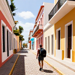 Caribbean Holidays, Puerto Rico Backpacking, Backpacker walking through colourful Old San Juan streets in warm February sunshine
