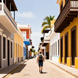 Caribbean Holidays, Puerto Rico Backpacking, Backpacker walking through colourful Old San Juan streets in warm January sunshine, with colonial buildings and palm trees