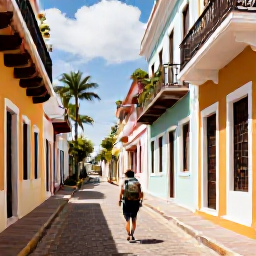 Caribbean Holidays, Puerto Rico Backpacking, Backpacker walking through colourful Old San Juan streets in warm March sunshine, with colonial buildings and palm trees