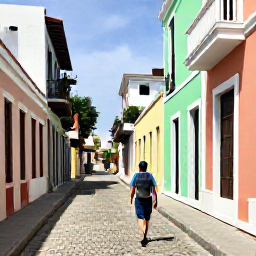 Caribbean Holidays, Puerto Rico Backpacking, Backpacker walking through colourful Old San Juan streets in warm May sunshine