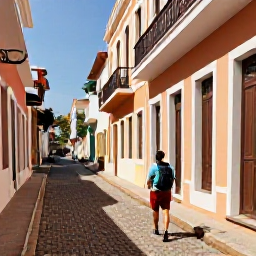 Caribbean Holidays, Puerto Rico Backpacking, Backpacker walking through colourful Old San Juan streets in warm November sunshine