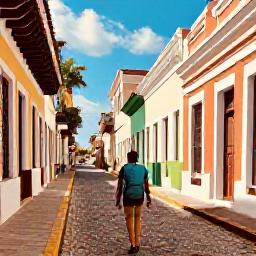 Caribbean Holidays, Puerto Rico Backpacking, Backpacker walking through colourful Old San Juan streets in warm October sunshine, historic Spanish buildings and cobbled lanes
