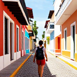 Caribbean Holidays, Puerto Rico Backpacking, Backpacker walking through colourful Old San Juan streets in warm September sunshine