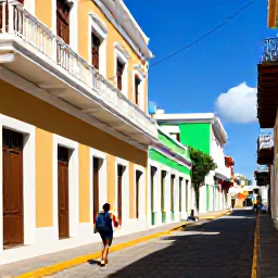 Caribbean Holidays, Puerto Rico Backpacking, Backpacker walking through colourful Old San Juan streets with pastel colonial buildings, balconies and bright Caribbean sunlight