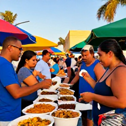 Caribbean Holidays, Puerto Rico Backpacking, Backpackers sharing local food at a lively Puerto Rican market during a sunny evening