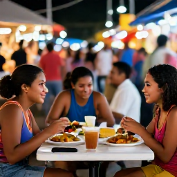 Caribbean Holidays, Puerto Rico Backpacking, Backpackers sharing local Puerto Rican food at an outdoor table in a lively evening market