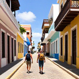 Caribbean Holidays, Puerto Rico Backpacking, Backpackers walking through a colourful Old San Juan street with Spanish colonial buildings and tropical sunlight