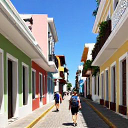 Caribbean Holidays, Puerto Rico Backpacking, Backpackers walking through colourful Old San Juan streets in warm June sunshine, with bright colonial buildings and blue sky