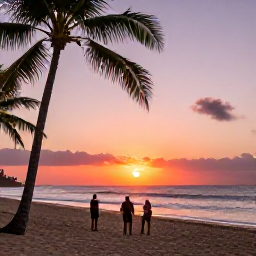 Caribbean Holidays, Puerto Rico Backpacking, Backpackers watching a colourful sunset beside a Puerto Rico beach with palm trees