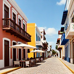Caribbean Holidays, Puerto Rico Backpacking, Colourful colonial buildings, cobbled street and lively outdoor caf&eacute;s in Old San Juan, Puerto Rico