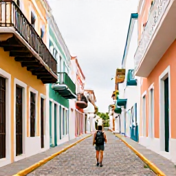 Caribbean Holidays, Puerto Rico Backpacking, Colourful colonial buildings, cobbled streets and a backpacker exploring Old San Juan, Puerto Rico
