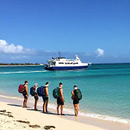 Caribbean Holidays, Puerto Rico Backpacking, Ferry arriving at Vieques island with backpackers, sandy beach and turquoise Caribbean water