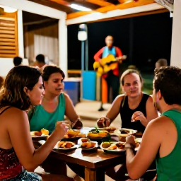 Caribbean Holidays, Puerto Rico Backpacking, Friendly backpackers eating mofongo and enjoying live music at an outdoor restaurant in Puerto Rico at night