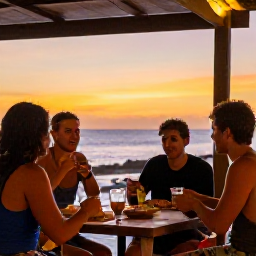 Caribbean Holidays, Puerto Rico Backpacking, Friendly backpackers sharing a casual meal at an outdoor caf&eacute; in Puerto Rico at sunset
