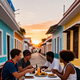 Caribbean Holidays, Puerto Rico Backpacking, Friendly backpackers sharing food at an outdoor table in a colourful Puerto Rican town at sunset