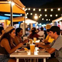 Caribbean Holidays, Puerto Rico Backpacking, Friendly backpackers sharing local Puerto Rican food at a casual evening street market with warm lights